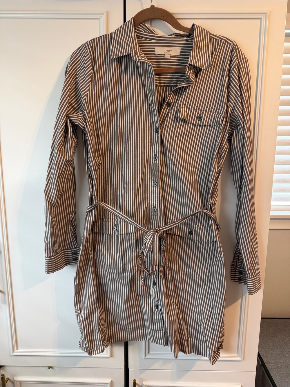 LOFT Gray and White Striped Long Sleeve Shirt Dress